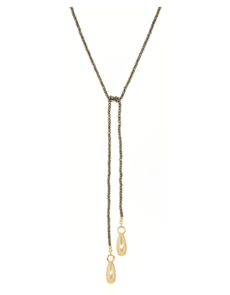 3808N Gold Plated Pyrite 34" Beaded Lariat with Bean Charms