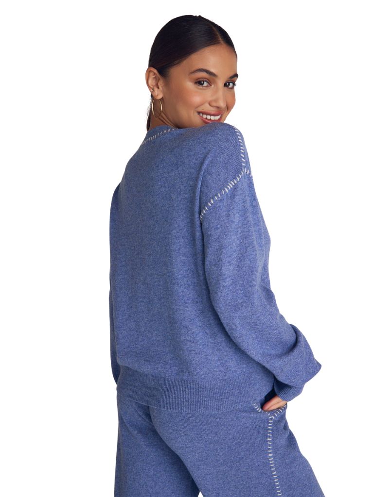 Whip Stitched Crew Neck Sweater Heather Blue