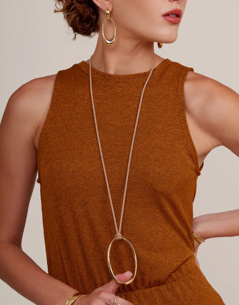 N2922 Gold Adjustable Ellipsis Pendant Leather Long Necklace