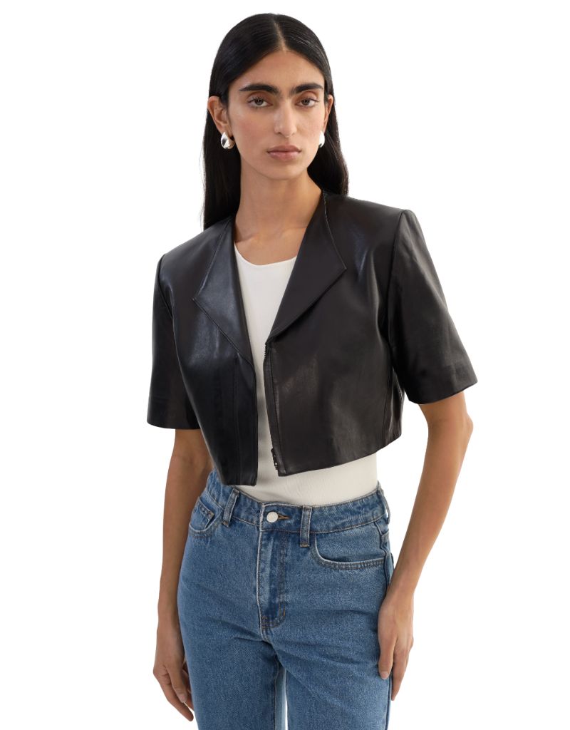 Aviana Collarless Leather Jacket Black