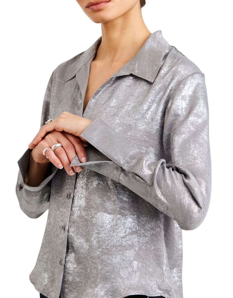 Flowy Wide Collar Button Down Silver Distress Foil