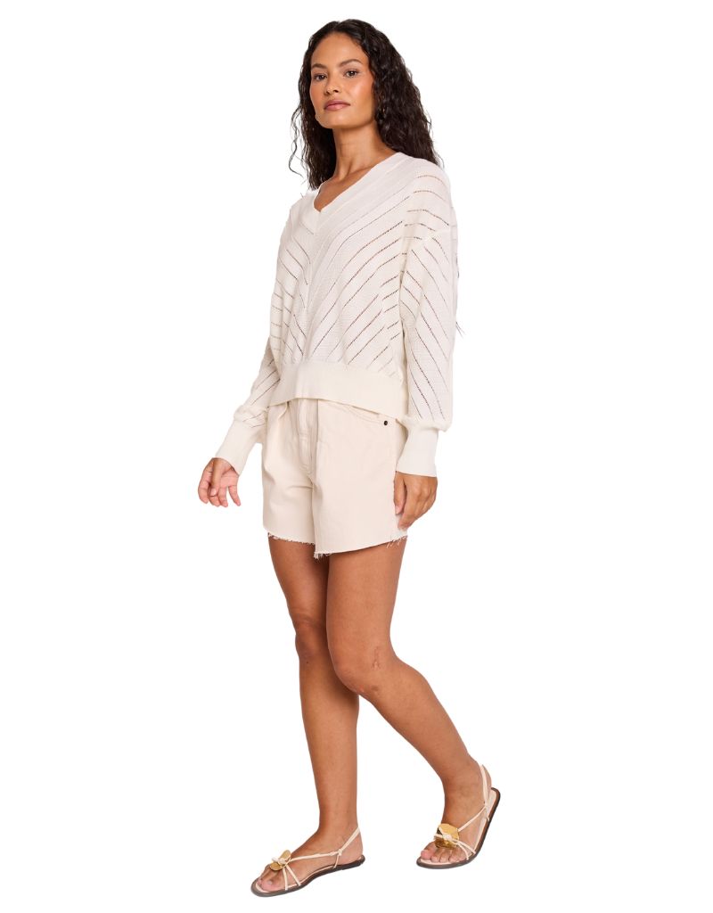 Chevron Mix Stitch V Neck White