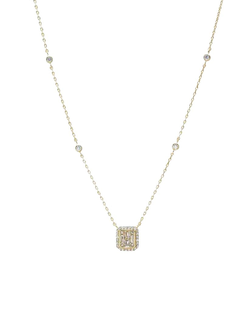 CZ Pave X Baguette Halo Pendant Necklace Gold