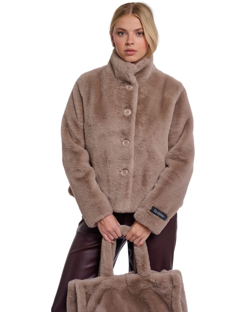 Vie Single Breasted Faux Fur Jacket Mocha Latte F26