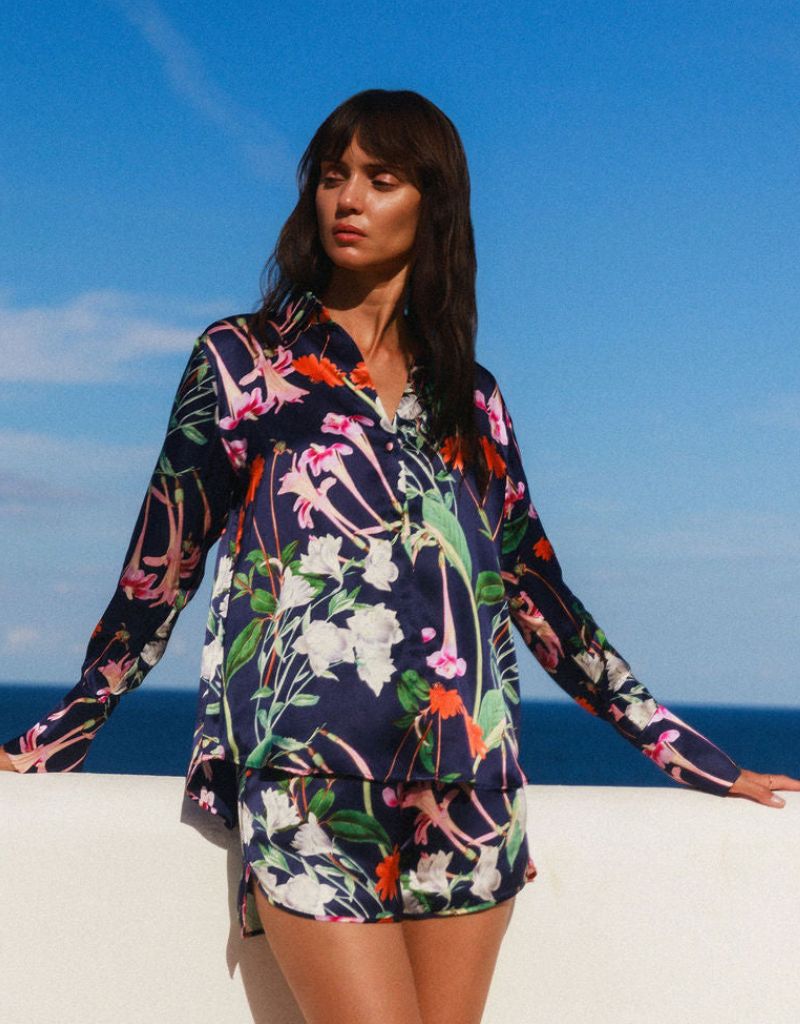 Daria French Cuff Silk Blouse Midnight Bloom