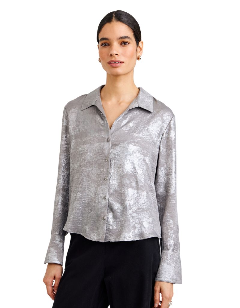 Flowy Wide Collar Button Down Silver Distress Foil