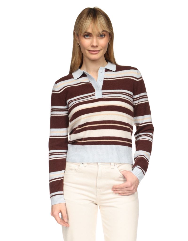 Brodie Slim Fit Stripey Polo Cocoa Blue Mist Organic White Camel