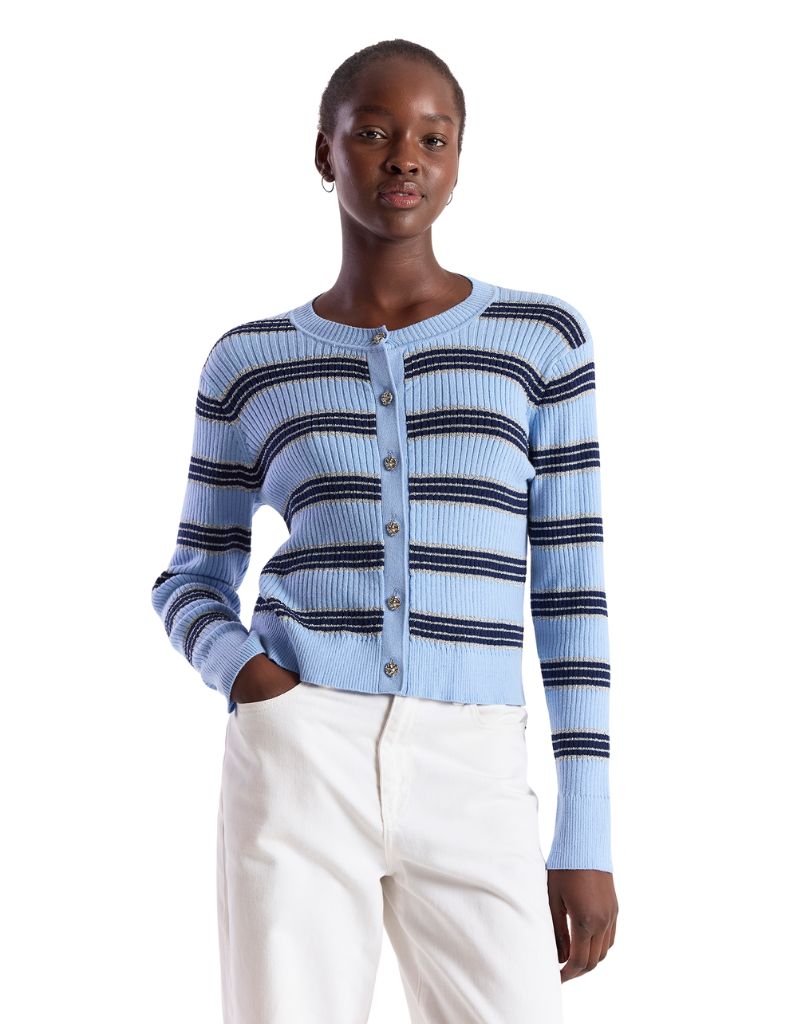 Brodie | Wispr Stripe Rib Cardigan Skyline Navy Silver Lurex | I