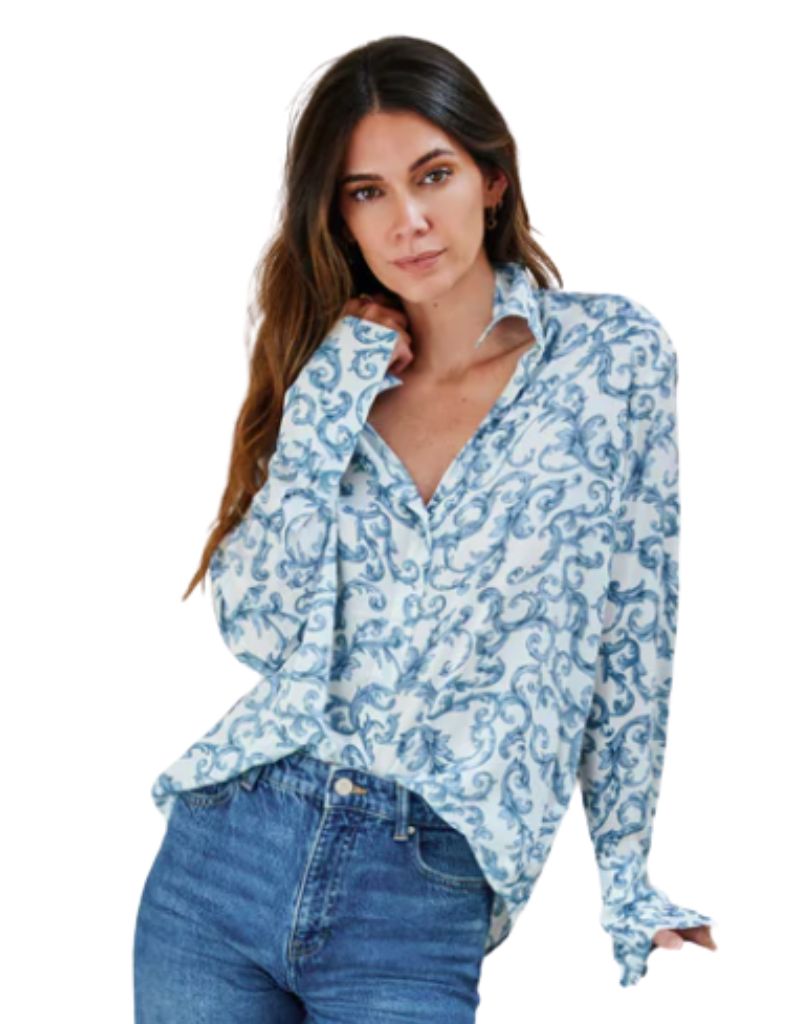 Catherine Gee Daria French Cuff Silk Blouse Azulejo