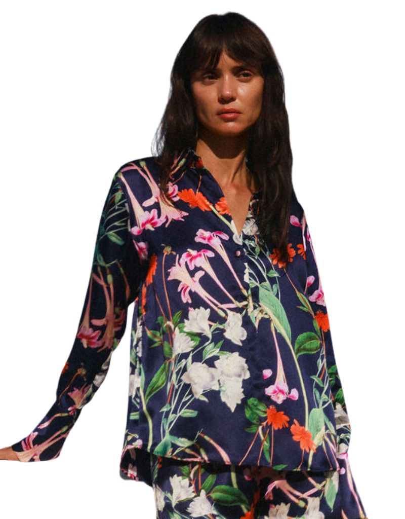 Catherine Gee Daria French Cuff Silk Blouse Midnight Bloom