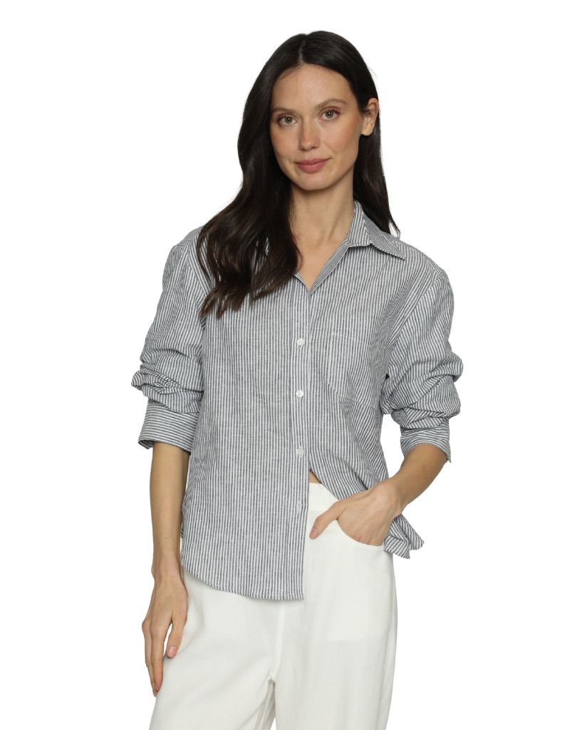 Drew Clothing Scottie Linen Cotton Blouse Navy White
