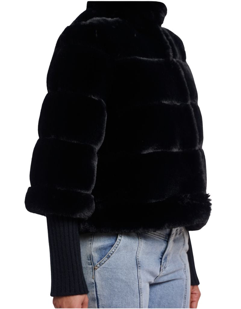 Feline Faux Fur Jacket with Knitted Sleeves Black