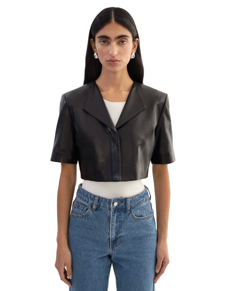 Lamarque Aviana Collarless Leather Jacket Black