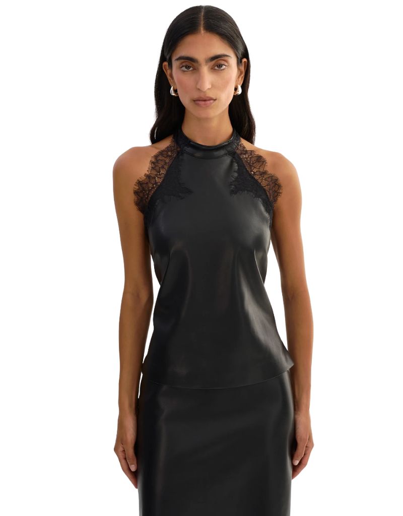 Lamarque Ginny Laced Faux Leather Top Black