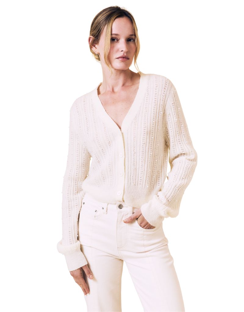 Le Jean Pearl Embellished Cardigan Ivory