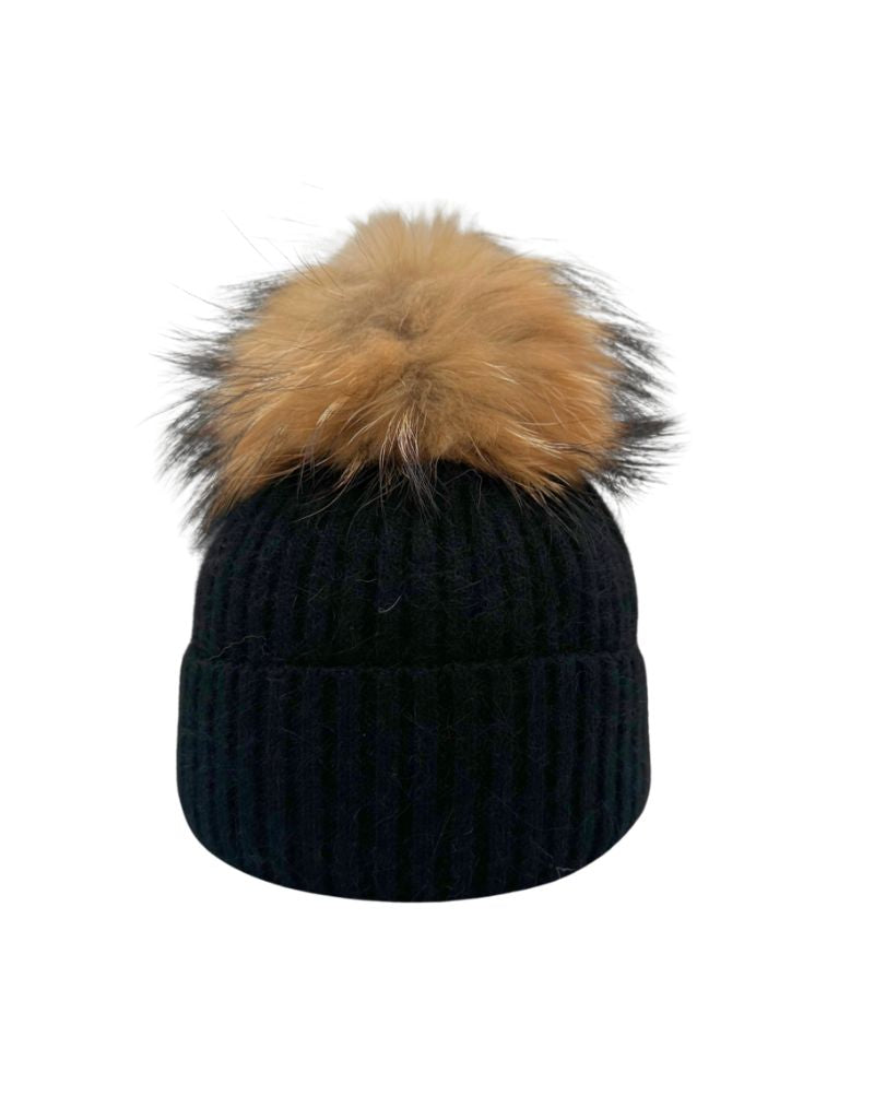 Linda Richards HA-62BLK Mohair Wool Black Hat Natural Pom