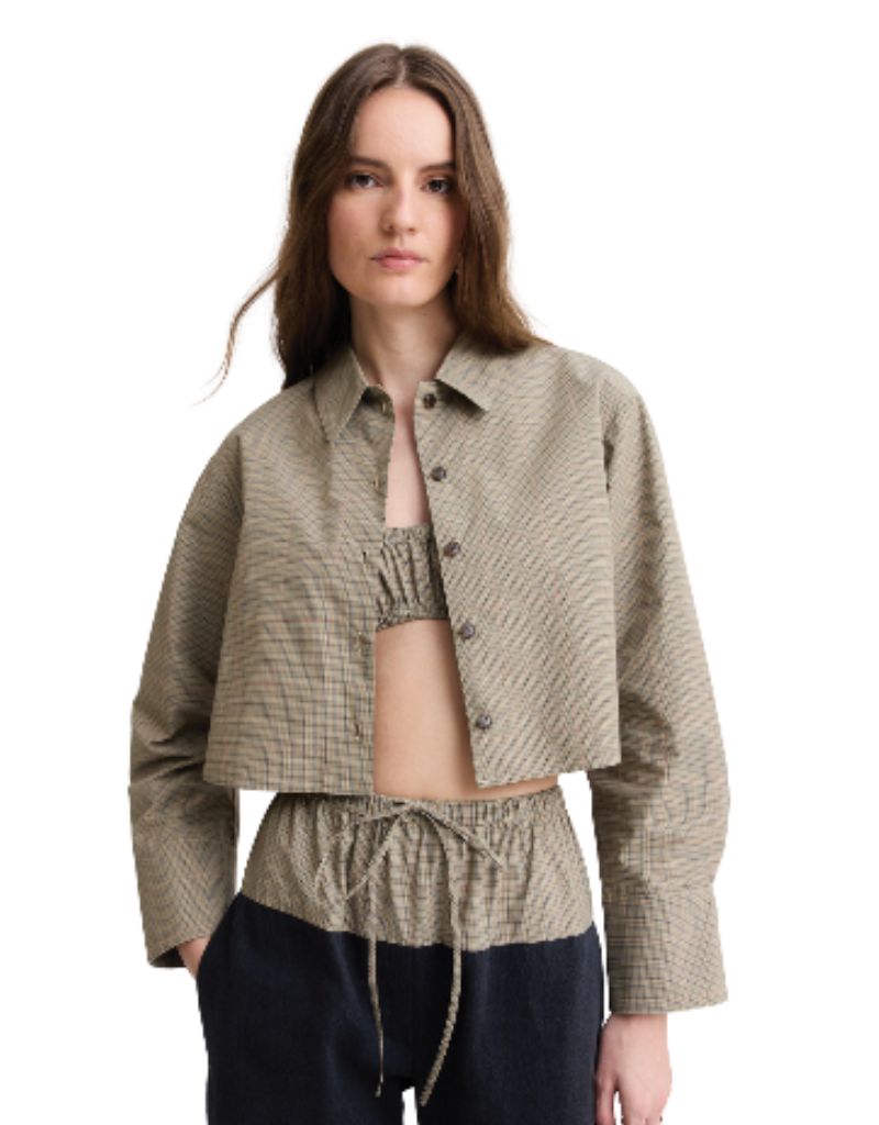 Matthew Bruch Cropped Oversized Button Down Khaki Plaid
