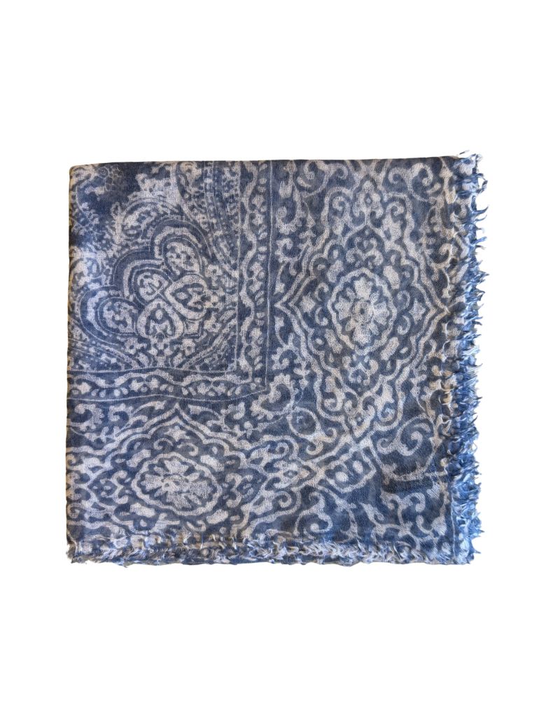 Meg Cohen Cashmere Poet Paisley Square Scarf Dk Mid Blue White