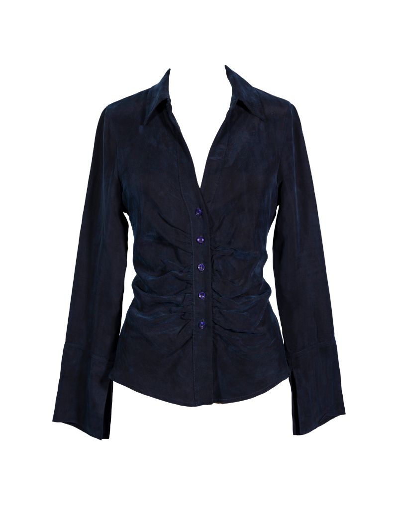 Mila Button Down Shirred Top CH-163 Navy