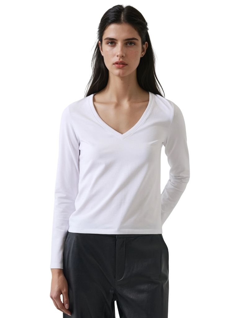 Patrick Assaraf Long Sleeve Iconic Pima Stretch V-Neck White