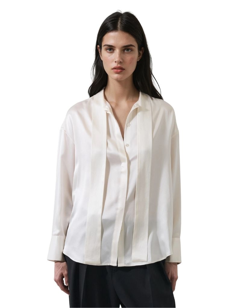 Patrick Assaraf Long Sleeve Silk Satin Tie Neck Shirt Ecru