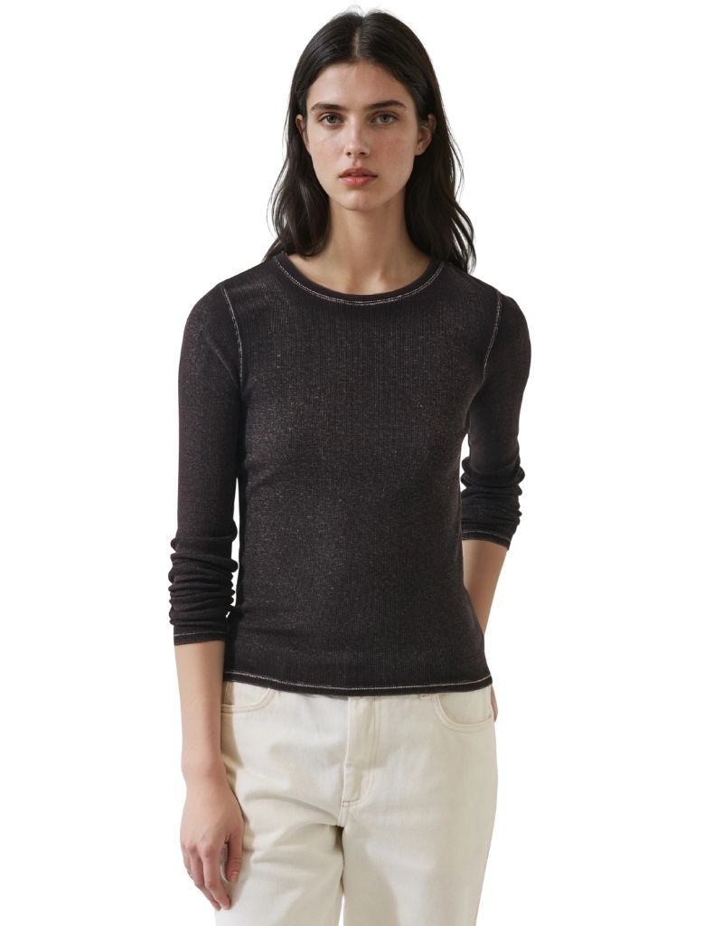 Patrick Assaraf Long Sleeve Vintage Rib Crew Molasses
