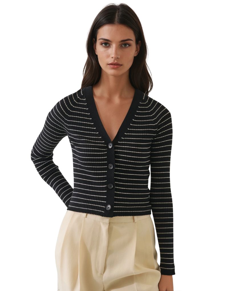 Patrick Assarf LS Cotton Cupro Stripe Fitted Rib Cardigan Black