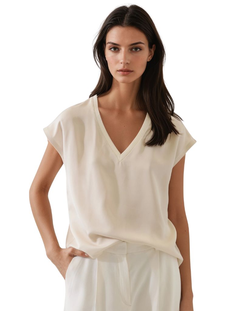 Patrick Assarf Silk V-Neck Dolman Sleeve Tee Ecru