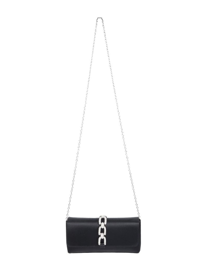 Satin Rhinestone Chain Fold Over Clutch SRB-E3950 Black