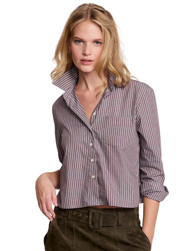 The Shirt by Rochelle Behrens The LS Boxy Crop Brown White Stripe