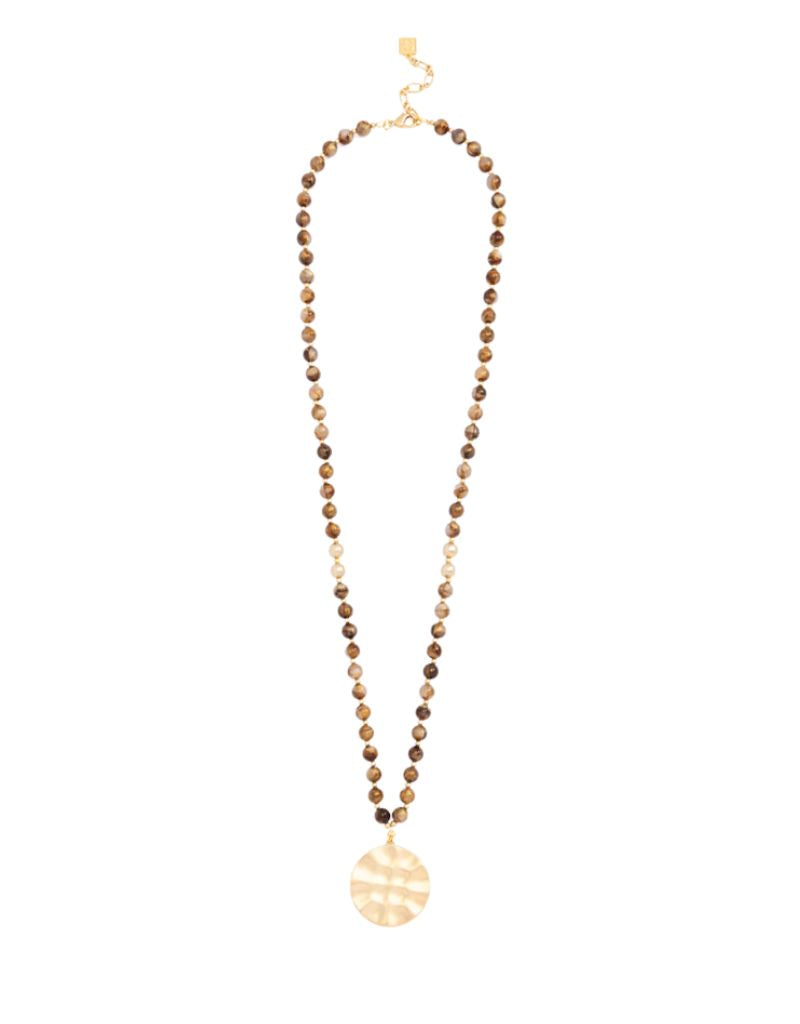 Zenzii N2742 Brown Iridescent Beaded Medallion Long Necklace