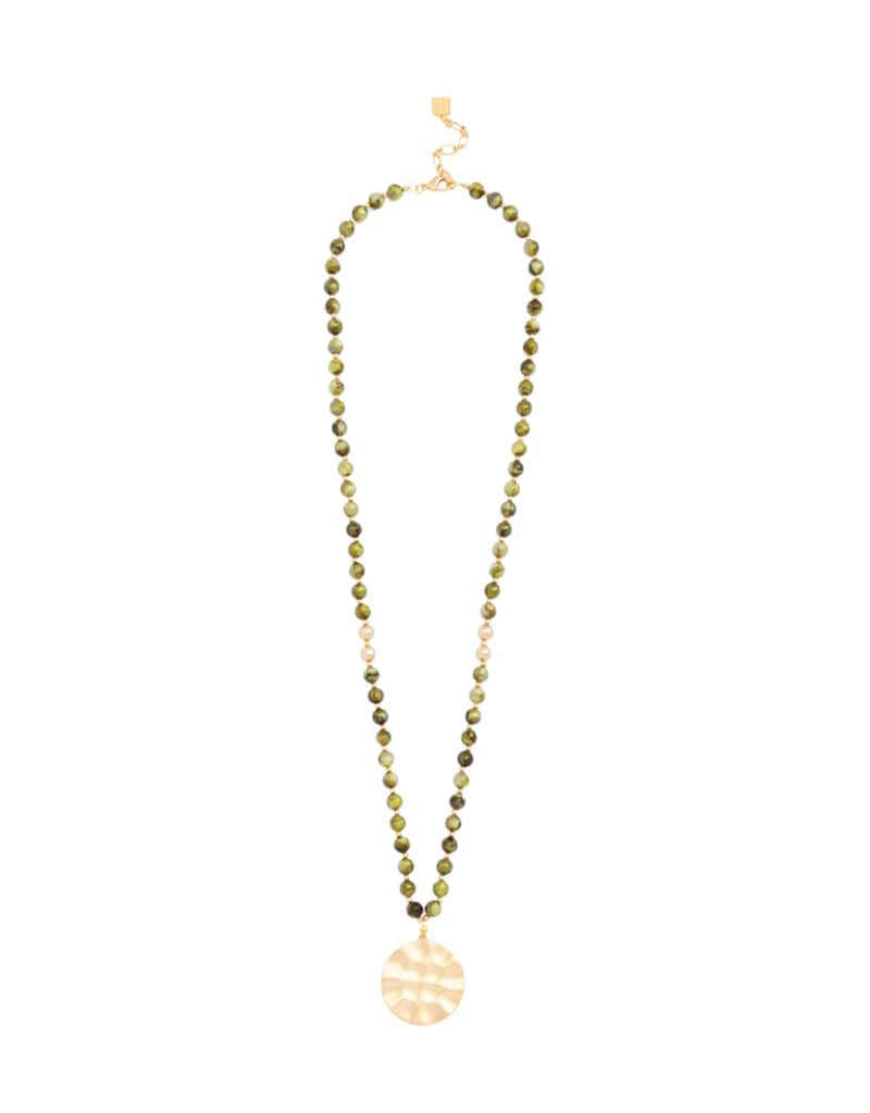 Zenzii N2742 Olive Iridescent Beaded Medallion Long Necklace