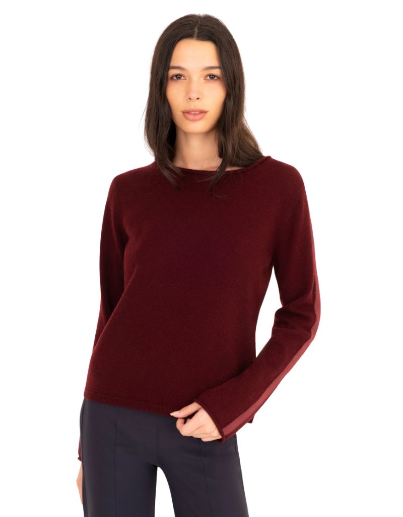 Elle Premier Cashmere Crew Neck Sweater With Sueded Trim Garnet F26