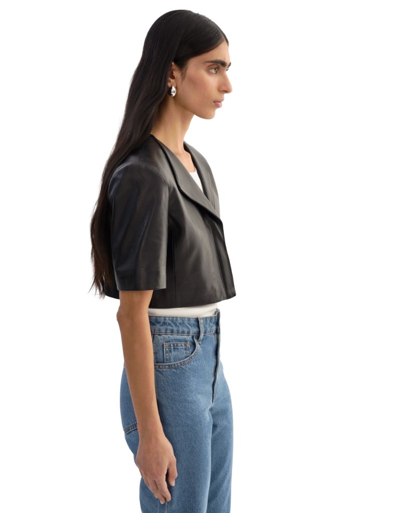 Aviana Collarless Leather Jacket Black