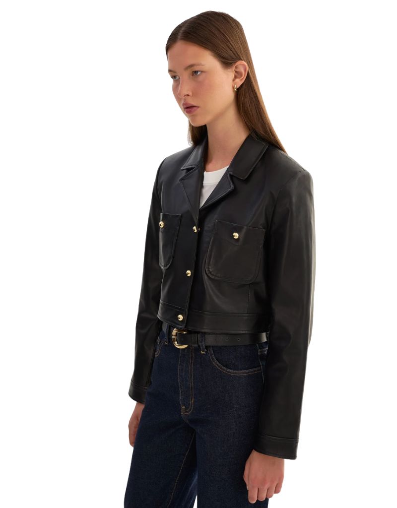 Lorena Cropped Leather Jacket Black