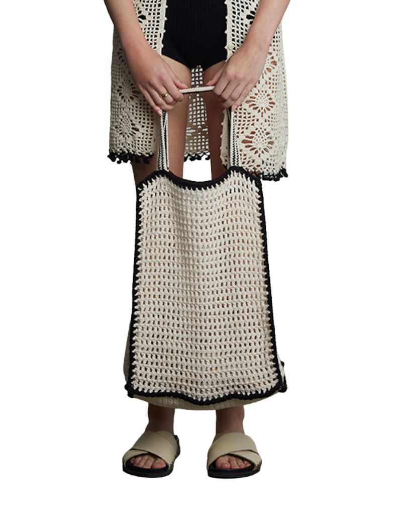 Vera Crochet Tote Bag Ivory with Black Tipping