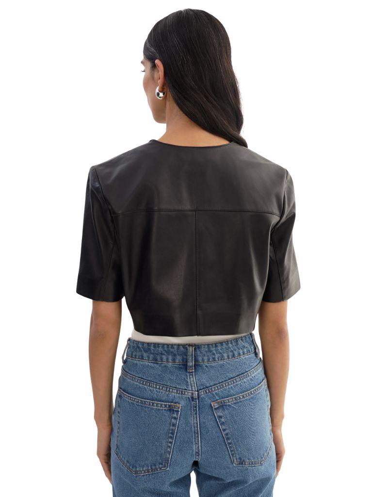 Aviana Collarless Leather Jacket Black