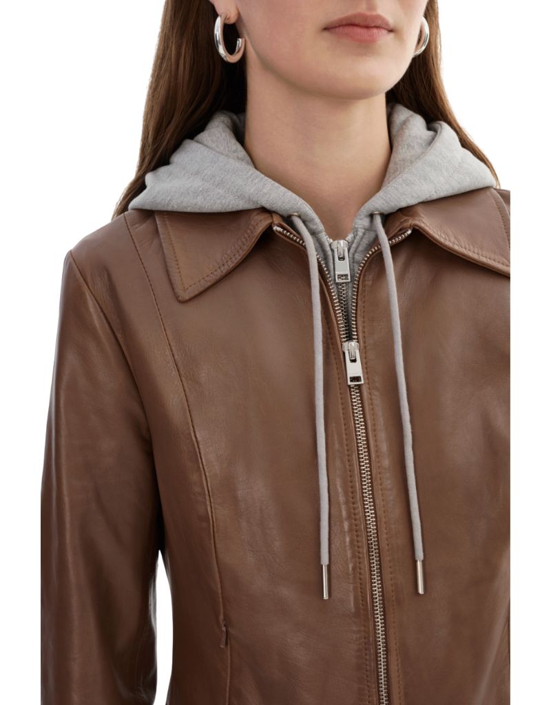 Sally Leather Biker Jacket Tan Heather Grey