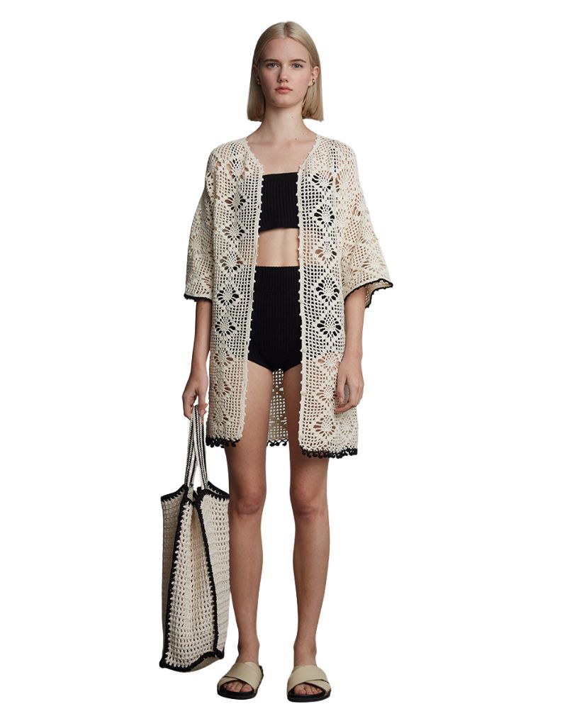 Vera Crochet Tote Bag Ivory with Black Tipping