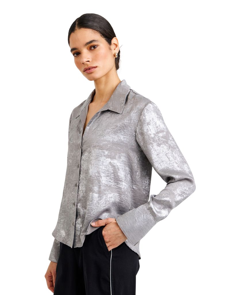 Flowy Wide Collar Button Down Silver Distress Foil