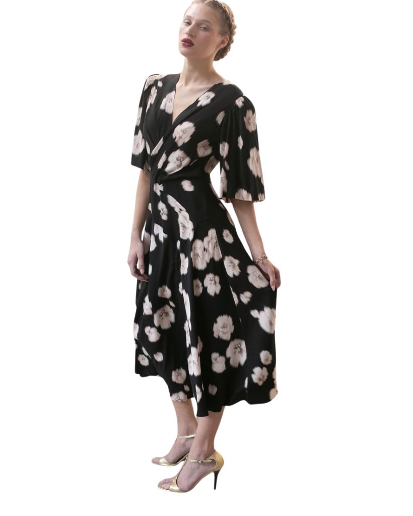 Surplice Dress Ebony Faded Roses