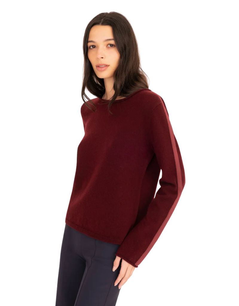 Elle Premier Cashmere Crew Neck Sweater With Sueded Trim Garnet F26