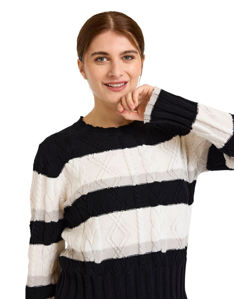 Wispr Cora Cable Stripe Crew Black Ivory Dove