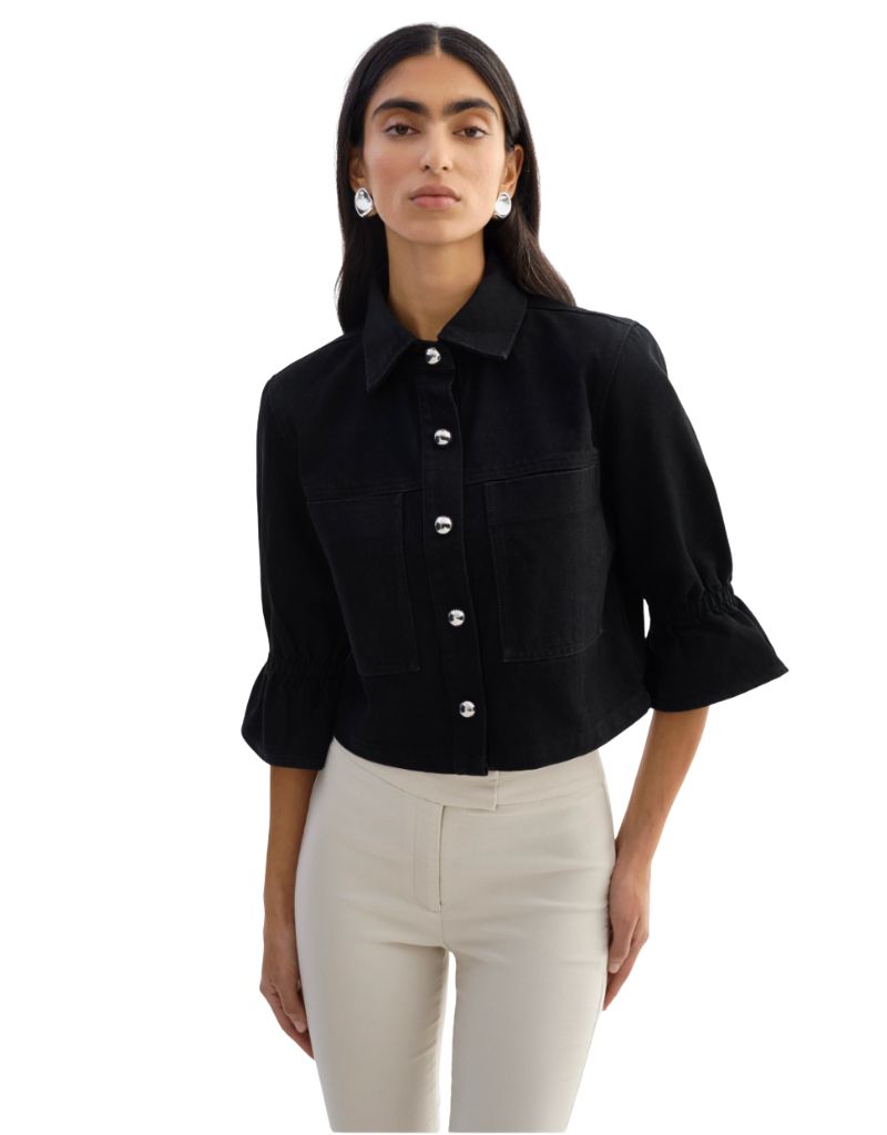 Carolina D Ruffle Sleeve Denim Jacket Black