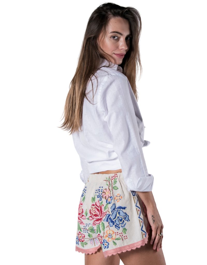 Flower Design Shorts Ecru Su26