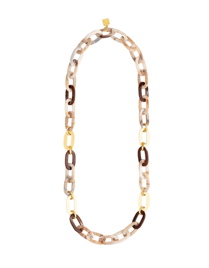 N3011 Beige Marbled Resin & Matte Gold Link Long Necklace