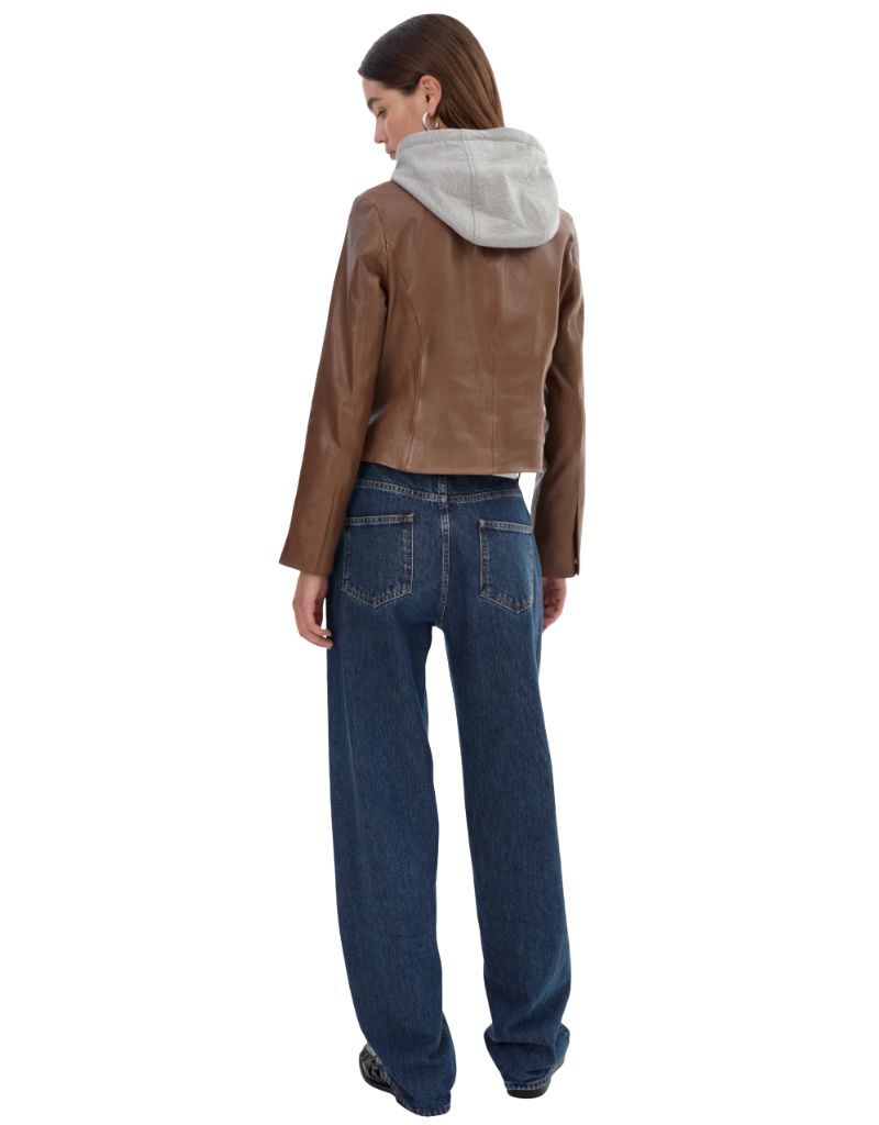 Sally Leather Biker Jacket Tan Heather Grey