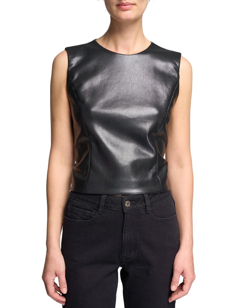 Poppy Rib Combo Vegan Leather Top Black