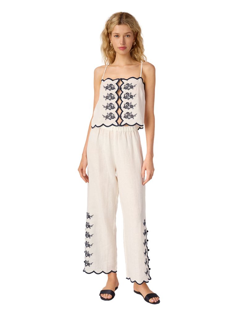 Madrid Embroidered Linen Pant Macadamia