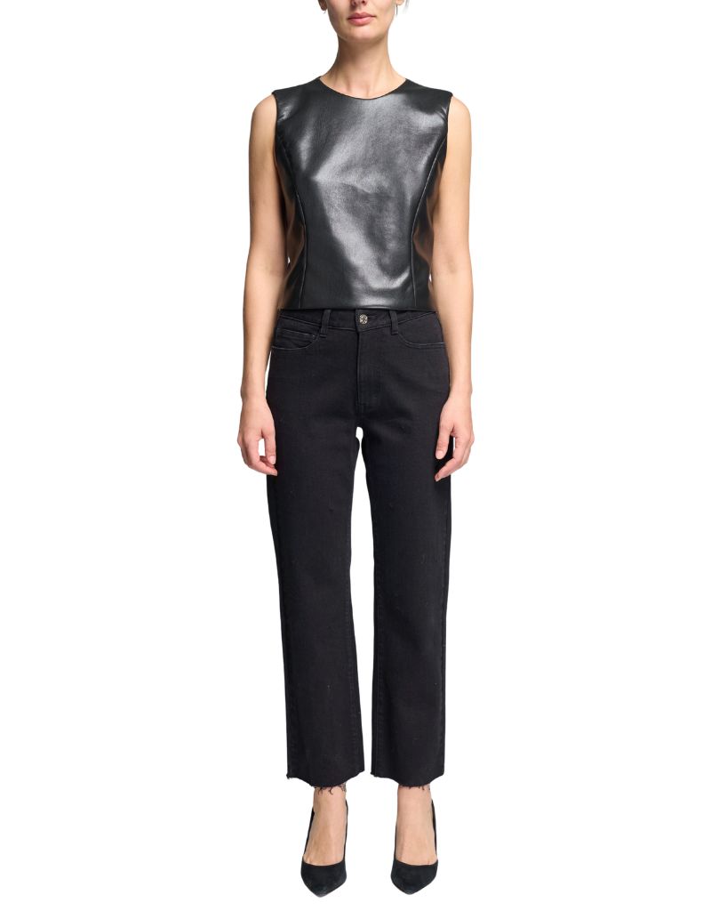 Poppy Rib Combo Vegan Leather Top Black